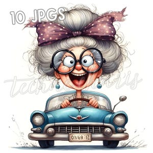 10 divertenti clipart di vecchie signore in formato JPG, illustrazioni di nonne autista eccentriche, arte di donne vintage, diari di scarto, creazioni di carta, download istantaneo