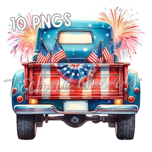 Patriottische vrachtwagen png-afbeeldingen | Vintage vrachtwagen 4 juli met Amerikaanse vlag | Digitale download voor Independence Day | Feestelijke Americana-illustraties
