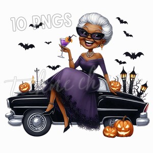 May include: A digital illustration of a smiling woman with gray hair wearing a purple dress and sunglasses, holding a cocktail. She is sitting on a black classic car decorated with Halloween pumpkins, bats, and a spooky background.