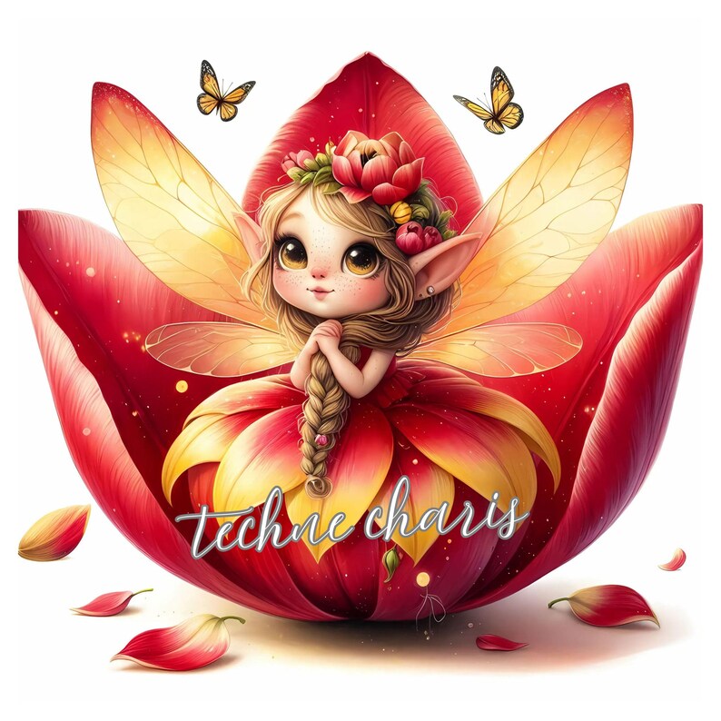 Puede incluir: Un hada con cabello rubio y un vestido rojo se sienta dentro de una gran flor roja con alas amarillas. La flor tiene p&eacute;talos que se caen. Hay dos mariposas volando sobre la flor.