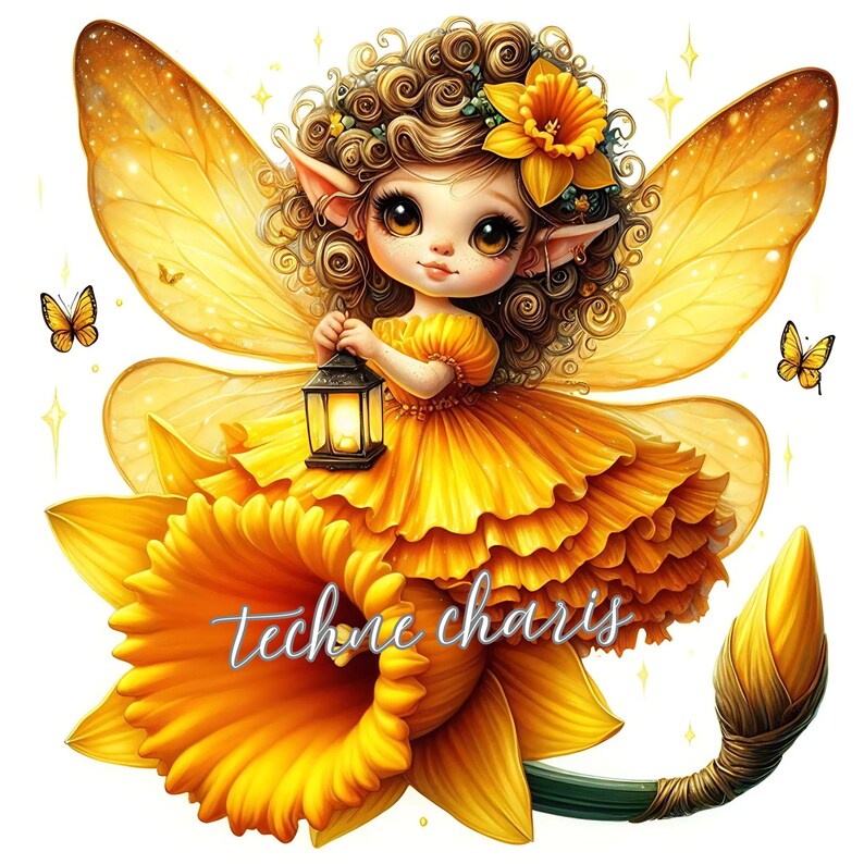 Puede incluir: Un hada con alas amarillas y un vestido amarillo se sienta sobre una gran flor amarilla de narciso. Ella sostiene una linterna en su mano. El hada tiene cabello casta&ntilde;o y grandes ojos azules. El fondo es blanco con peque&ntilde;as estrellas amarillas.