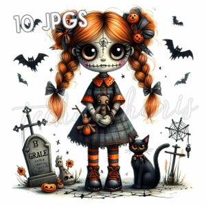 Gruselige süße Halloween Mädchen Clipart 10 hochauflösende JPG Goth-Puppe mit Fledermäusen & schwarzer Katze Spooky Friedhof Illustration Orange Hair Halloween Art