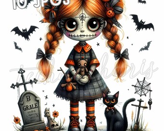 Halloween Girl Clipart: Spooky Gothic Doll with Black Cat (Digital Download)