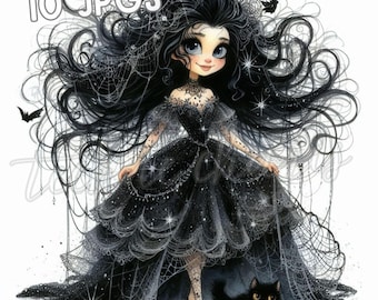Clipart de Garota Excêntrica com Teias de Aranha | Objetos Efêmeros de Halloween | Arte de Diário de Fantasia | 10 Downloads de Aquarela em JPG