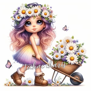 Clipart fille excentrique floral aquarelle | 10 fichiers JPG haute résolution | Art printanier pour scrapbooking, faire-part, travaux manuels, téléchargement numérique