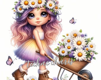 Floral Quirky Girl Clipart – 10 Watercolor Spring Girl JPGs for Crafts & Journals