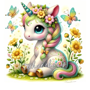 Clipart floral licorne | 10 fichiers JPEG 300 ppp de haute qualité | Clipart licorne printemps été imprimables décoration de chambre d'enfant usage commercial fantaisiste