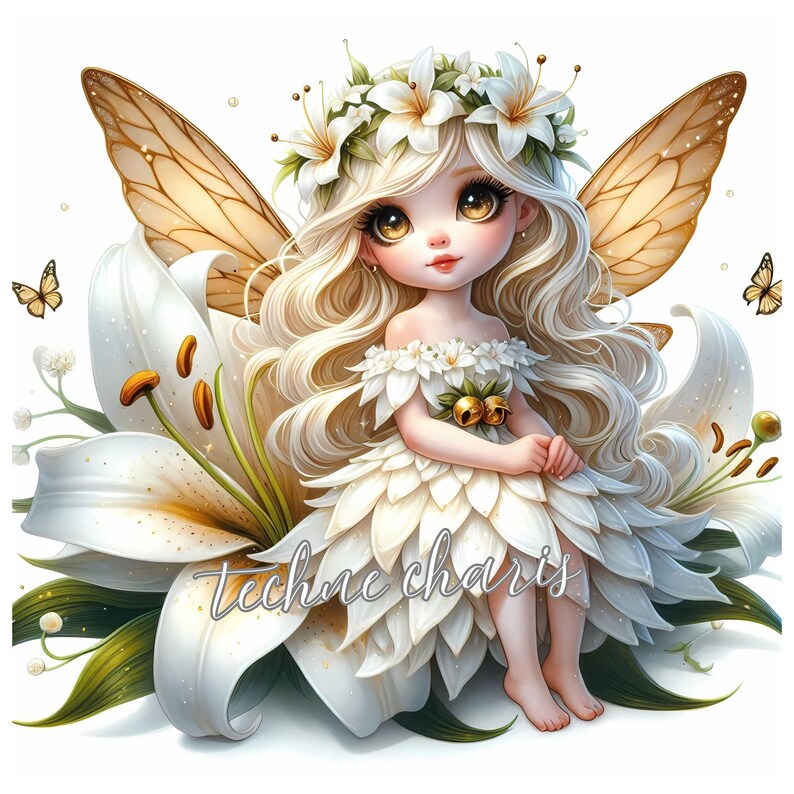 Puede incluir: Un hada con cabello rubio y ojos grandes se sienta en un lirio blanco. Lleva un vestido blanco con una corona de flores y tiene alas delicadas. La imagen est&aacute; titulada "techne charis".