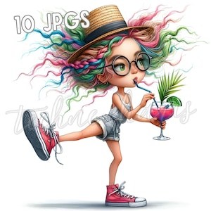 Quirky Summer Whimsical Girl Clipart Bundle – 10 High-Quality 300 DPI JPGs, Cute Girl Illustrations, Instant Download, Commercial Use