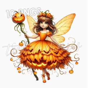 Hada de Jack-o&#39;-Lantern PNG Clipart / 10 Gráficos Espeluznantes de Hadas de Calabaza de Halloween / Arte de Sublimación Otoñal para Manualidades y Decoración