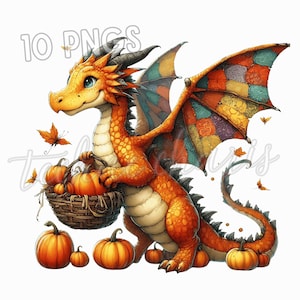 Puede incluir: Ilustración caprichosa de un dragón naranja sosteniendo una cesta de calabazas. El dragón tiene alas de retazos coloridas y está rodeado de hojas que caen y calabazas. La imagen incluye el texto "10 PNGs" y "fall vibes".