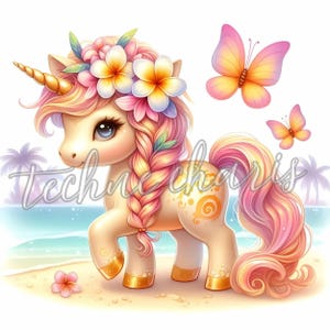 Plumeria Einhorn Clipart | 10 Hochwertige 300 DPI JPEGs | Sommer Einhorn Clipart Kinderzimmer Dekor Printables Kommerzielle Nutzung Skurril
