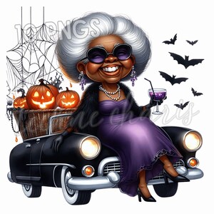 May include: A cartoon illustration of a woman in a purple dress and sunglasses, sitting on a black vintage car. She is holding a cocktail and smiling. The car has a basket of jack-o'-lanterns on the back. Bats and a spiderweb are in the background. Halloween theme.