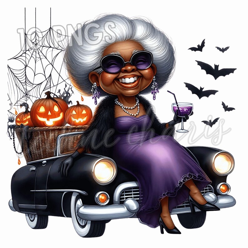 May include: A cartoon illustration of a woman in a purple dress and sunglasses, sitting on a black vintage car. She is holding a cocktail and smiling. The car has a basket of jack-o'-lanterns on the back. Bats and a spiderweb are in the background. Halloween theme.