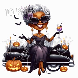 May include: A cartoon illustration of a woman with gray hair, sunglasses, and a black dress, holding a cocktail. She is seated on a black car decorated with pumpkins, candles, and spiderwebs. Bats fly in the background. The image has the text "10 Pins" and "Thank You Louis".