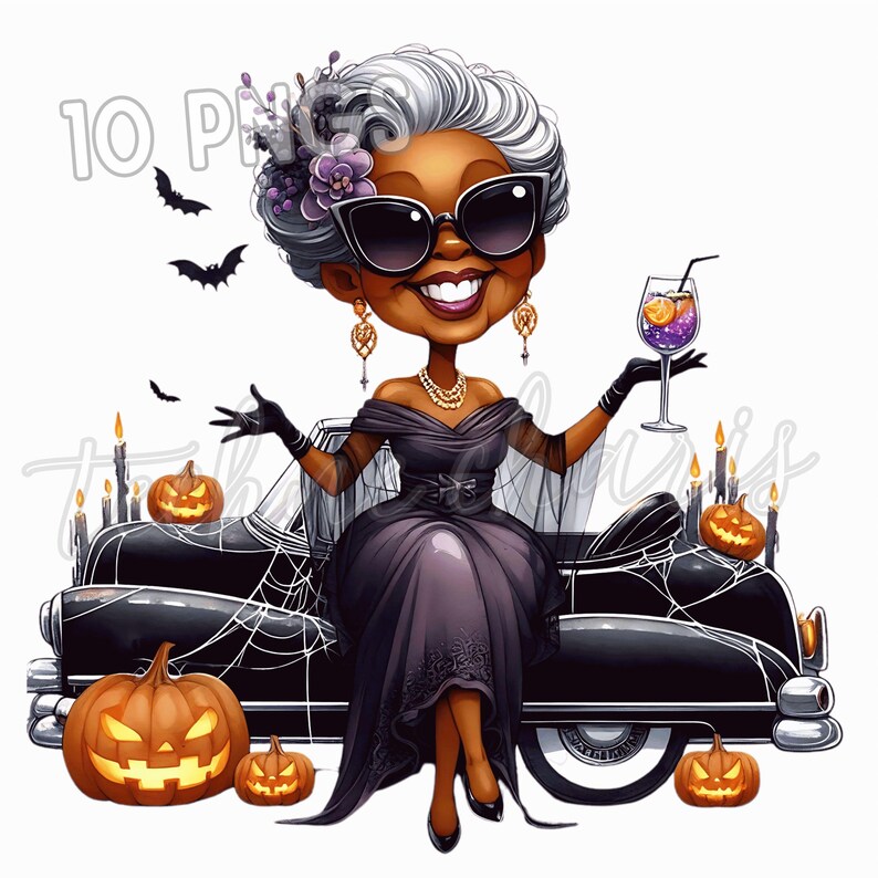 May include: A cartoon illustration of a woman with gray hair, sunglasses, and a black dress, holding a cocktail. She is seated on a black car decorated with pumpkins, candles, and spiderwebs. Bats fly in the background. The image has the text "10 Pins" and "Thank You Louis".