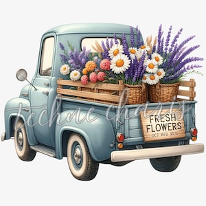 Vintage Pick-up Truck, 10 PNG, LKW mit Blumenmuster, Fahrzeugbilder, Botanischer LKW, Blumenbilder, LKW Png, Retro LKW, Pastell Art Clipart