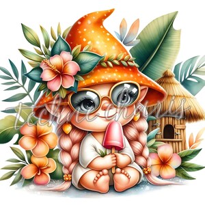 May include: A cartoon gnome wearing sunglasses and a bright orange hat with white polka dots sits on a beach with a pink popsicle. The gnome has pink braids and is surrounded by tropical flowers and greenery.