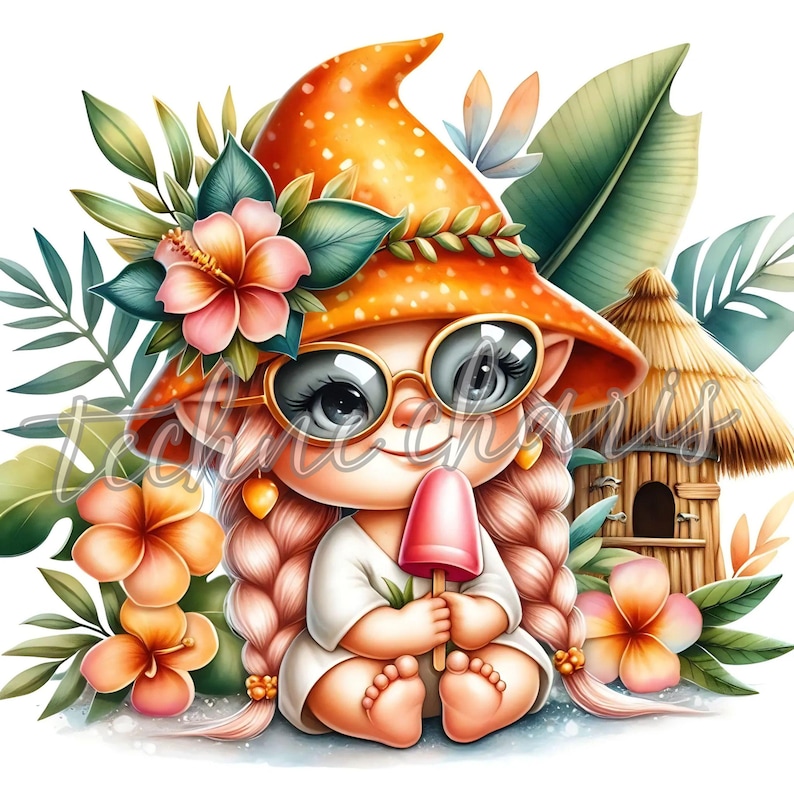 May include: A cartoon gnome wearing sunglasses and a bright orange hat with white polka dots sits on a beach with a pink popsicle. The gnome has pink braids and is surrounded by tropical flowers and greenery.