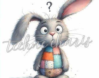 Clipart de Conejito Fantasioso: Divertido Conejo de Acuarela para Scrapbooking, Diarios y Manualidades. Descarga Digital.