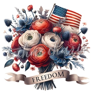 Clipart floral du 4 juillet PNG | Aquarelles fleurs patriotiques | Impressions numériques du jour de l'indépendance pour cartes et travaux manuels | Utilisation commerciale