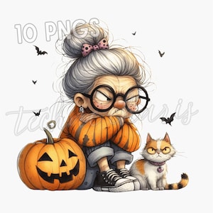 Nonna seduta su una zucca con un gatto spettrale PNG / 10 Clipart di una donna anziana scontrosa / Sublimazione divertente di Halloween per biglietti e lavoretti