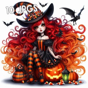 Halloween Witch Girl Clipart 10 High-Res JPG Watercolor Spooky Dolls Halloween Paper Crafts Scrapbook Printables Junk Journal Stickers