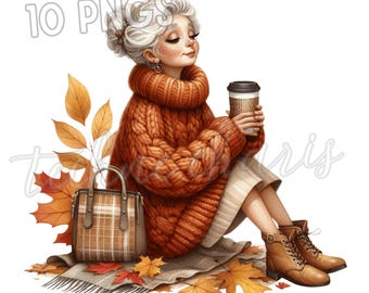 Autumn Coffee Grandma Clipart, Watercolor Old Lady PNG (Digital Download)