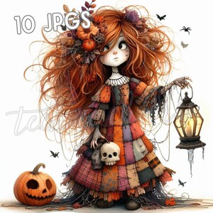 May include: A digital illustration of a doll-like figure with long red hair and a patchwork dress, holding a lantern and a skull. A carved pumpkin and bats are also present. The text "10 JPGs" is in the upper left corner.