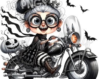 Halloween Gothic Grandma on Motorcycle PNG Clipart – Quirky Witch Digital Download