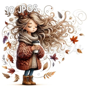 Cozy Autumn Thanksgiving Girl Clipart – 10 Quirky Fall Watercolor JPGs for Junk Journaling, Scrapbooking, Card Making, Digital Download
