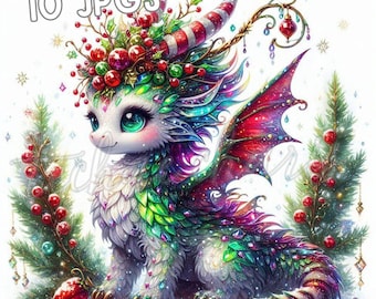 Watercolor Christmas Dragon Clipart, Crystal Fantasy Art (10 JPGs) (Instant Download)