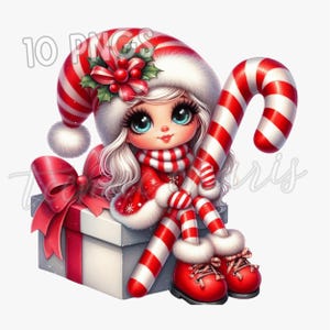 Candy Cane Christmas Girl Gnome Clipart – 10 PNG Watercolor Gnomes Striped Candy Cane Holiday Sublimation Crafts Digital Download