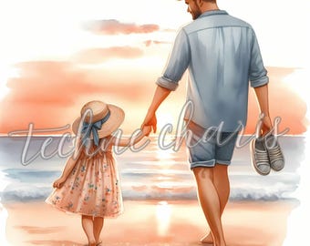 10 imagens em aquarela de pai e filha, arte para o Dia dos Pais (download em JPG)