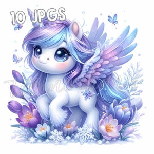 Clipart de unicornio hada de floración helada / 10 unicornios bebés de invierno en formato JPG / Arte animal floral de fantasía / Imprimibles de 300 DPI / Uso comercial