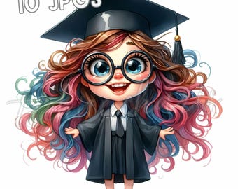 Whimsical Girl Graduate Clipart – 10 Graduation JPGs, 300 DPI Graphics (Digital Download)
