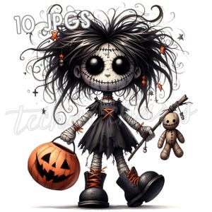 Spooky Trick or Treat Doll Clipart | Halloween Girl with Jack-o’-Lantern | 300 DPI JPEG | Creepy Cute Art for Junk Journal & Crafts