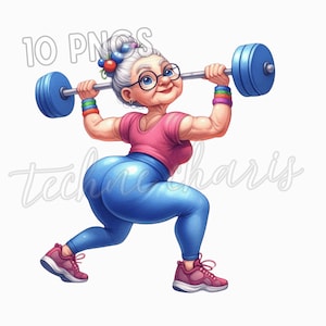 Op de afbeelding: Cartoon illustratie van een fitte oudere vrouw die een blauwe halter heft. Ze draagt een roze top, blauwe leggings en roze sneakers. De afbeelding bevat de tekst "10 PNG's" en een watermerk.