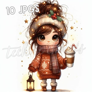 Hot Cocoa Girl Clipart | 10 High-Res JPG | Cozy Christmas Character with Lamp | Holiday Art for Scrapbooking & Crafts | Digital Download