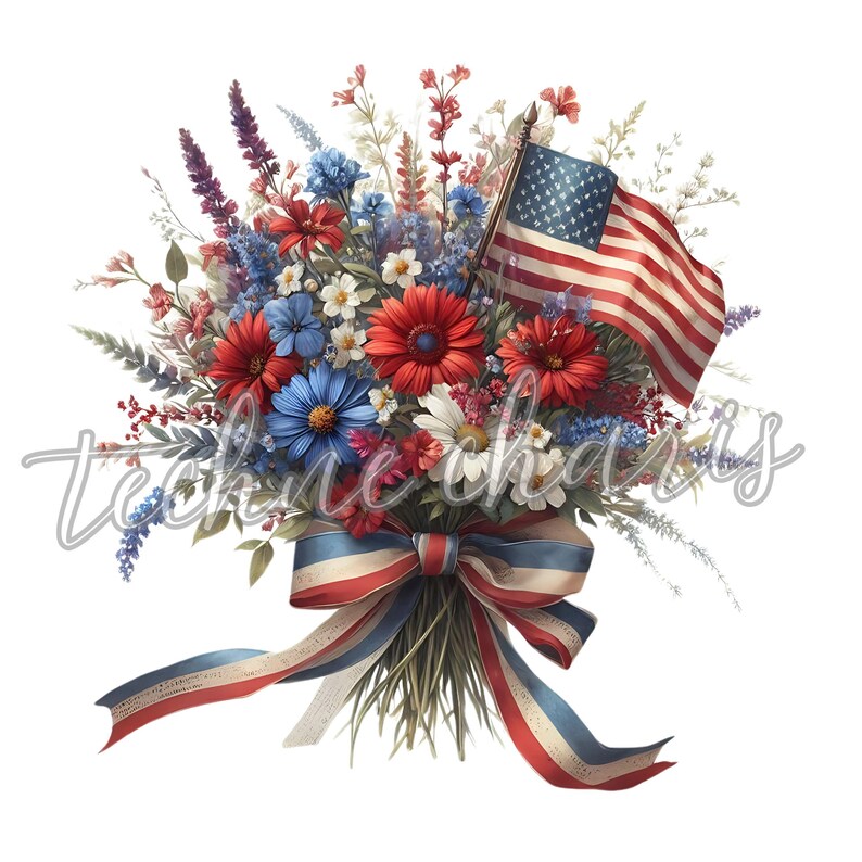 4th of July Floral Clipart PNG | Watercolor Patriotic Flowers ...