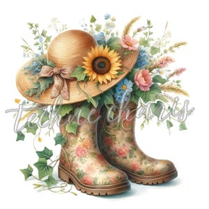 Floral Garden Boots Clipart | 10 High-Quality 300 DPI JPGs | Watercolor Flower Boots | Gardening Clipart | Hiking Boot Art | Commercial Use