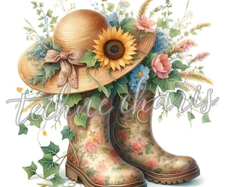 May include: A pair of floral patterned rain boots with a straw hat and flowers on top. The hat has a pink ribbon.