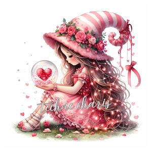 Clipart de gnomo de corazón dulce / Conjunto de 10 / JPEG de 300 DPI / Arte romántico de gnomo niña / Lindo gnomo rosa caprichoso para manualidades e imprimibles
