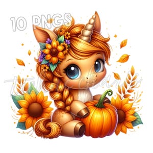 K&ouml;nnte beinhalten: Ein Cartoon-Einhorn mit orangefarbenem Haar, einem goldenen Horn und gro&szlig;en blauen Augen, das einen K&uuml;rbis h&auml;lt. Das Einhorn ist von Sonnenblumen und Herbstbl&auml;ttern umgeben. Das Bild hat den Text "10 PNGs".
