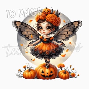 Marigold Pumpkin Halloween Fairy PNG | 10 Watercolor Spooky Fall Fairy Clipart | Pumpkin Patch Sublimation Art | Instant Download