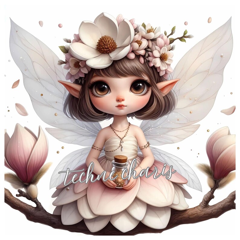Puede incluir: Un hada con grandes ojos marrones y una corona de flores se sienta en una rama con flores de magnolia rosas. Ella sostiene una peque&ntilde;a botella de vidrio llena de brillo. El hada tiene grandes alas transl&uacute;cidas.