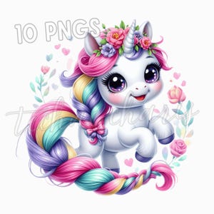 10 cliparts PNG bébé licorne | Jolies licornes aquarelles arc-en-ciel | Téléchargement numérique haute qualité pour DTF, sublimation, créations manuelles | Utilisation commerciale