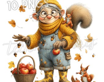 Autumn Granny Clipart PNG – Whimsical Fall Illustrations (Digital Download)