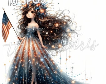 Stars & Stripes Enchantress | 10 Patriotic Doll Clipart | 300 DPI JPEGs | 4th of July Printable Art | Digital Download, Commercial Use
