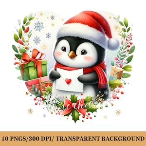 Watercolor Christmas Penguin Clipart, Winter Clipart, Penguin Clipart, Cute Clipart Bundle, Christmas Craft, Digital Download
